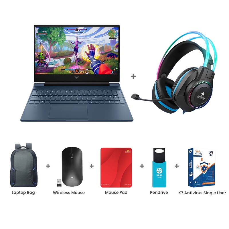 Picture of HP Victus - AMD Ryzen 5 8645HS 15.6" (39.6 cm) 15-fb3004AX  Gaming Laptop (16GB/ 512GB SSD/ Full HD Display/ NVIDIA GeForce RTX 2050 4GB/ Backlit Keyboard/ Anti-Glare/ Ethernet Port/ Windows 11 Home/ MS Office 2024/ 1 Year Warranty/ Performance Blue/ 2.29 kg) Zebronics Zeb-Jet Premium Gaming Headphone + Laptop Bag + Wireless Mouse + Mouse Pad + Pendrive + K7 Antivirus Single User